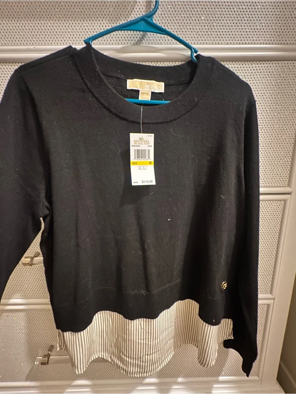 Michael Kors Black Layered-Look Sweater Top with Striped Hem